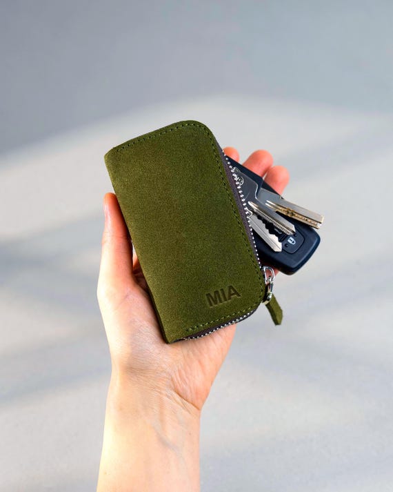 Zipper Leather Key Wallet with Card Slots, Compact Car Key Holder Pouch, Slim Key Organizer for Men & Women, Handmade Gift for Her