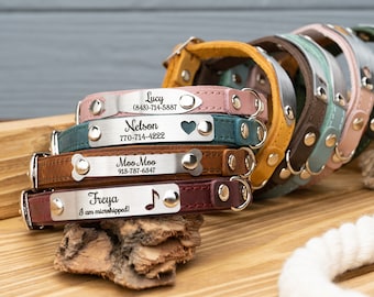 Leather Cat Collar with Name, Personalized Cat Collar, Engraved Custom Cat Collar