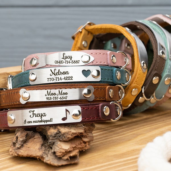 Leather Cat Collar with Name, Personalized Cat Collar, Engraved Custom Cat Collar
