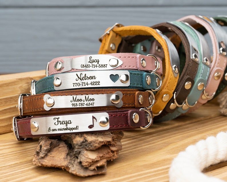 Leather Cat Collar with Name, Personalized Cat Collar, Engraved Custom Cat Collar image 1