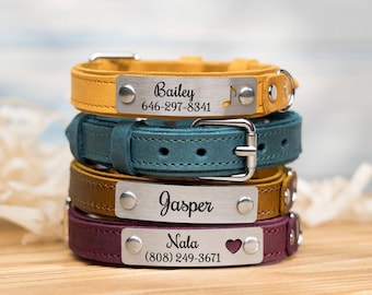Personalized Leather Small Dog Collar, Engraved Name Plate