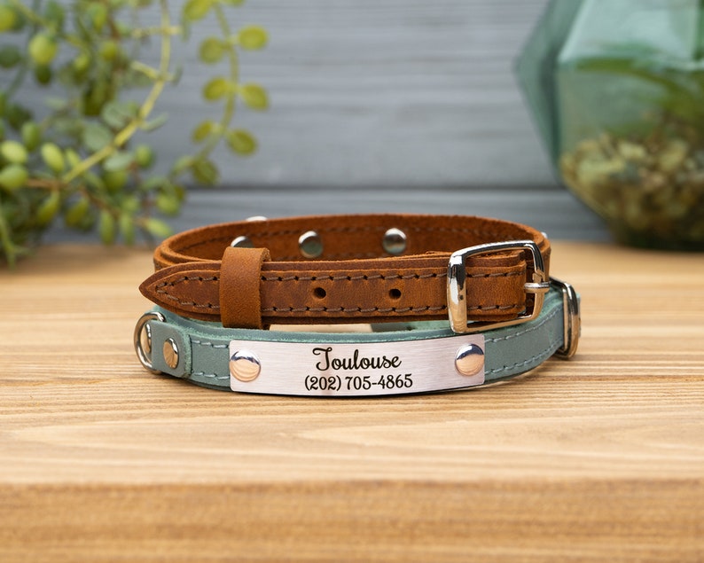 Leather Cat Collar with Name, Personalized Cat Collar, Engraved Custom Cat Collar image 9