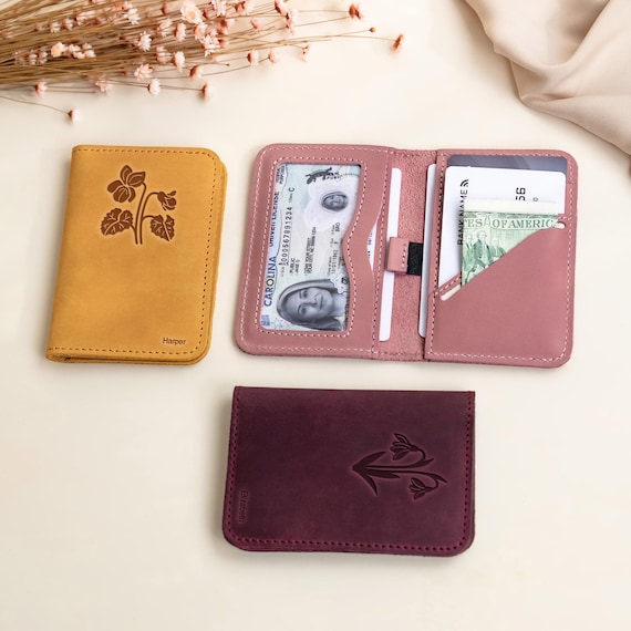 Birthflower Leather Card Wallet, Personalized Slim Handmade Wallet