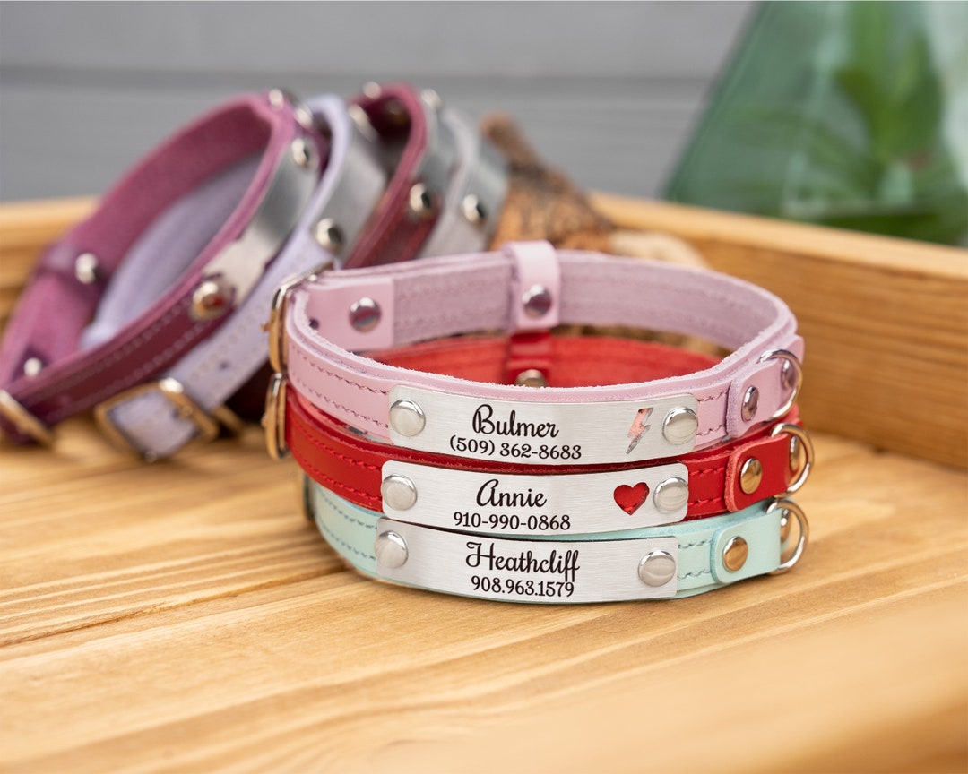 Leather Cat Collar, Engraved Cat Collar With Name, Custom Cat Collar With Silent Tag, Engraved