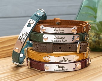 Personalized Cat Collar with Name Tag, Leather Green Cat Collar, Small Kitten Collar, Custom Cat Collar Soft