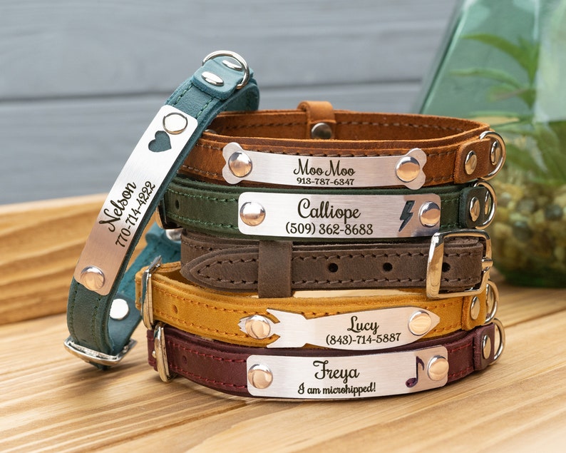 Leather Cat Collar with Name, Personalized Cat Collar, Engraved Custom Cat Collar image 2