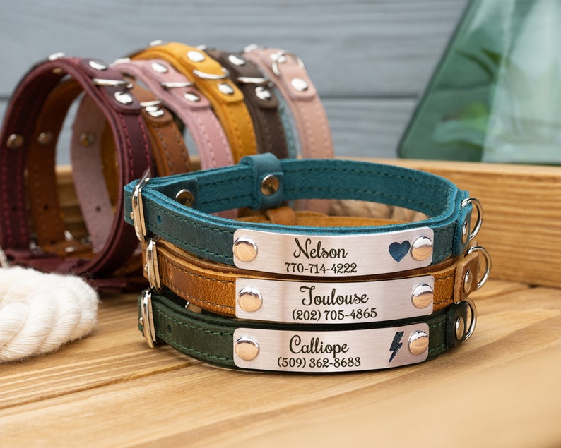 Leather Cat Collar with Name, Personalized Cat Collar, Engraved Custom Cat Collar image 8