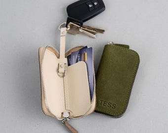 Étui à clés en daim : pochette à fermeture éclair personnalisée et porte-clés en cuir