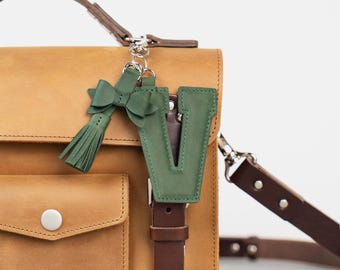 Leather Initial Bag Charm Keychain with Bow Tassel – Personalized Gift