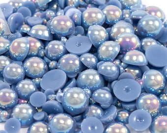 Steel Blue AB Flatback Half Round Pearls for Embellishments Mixed Sizes 3-10mm 850 Pieces
