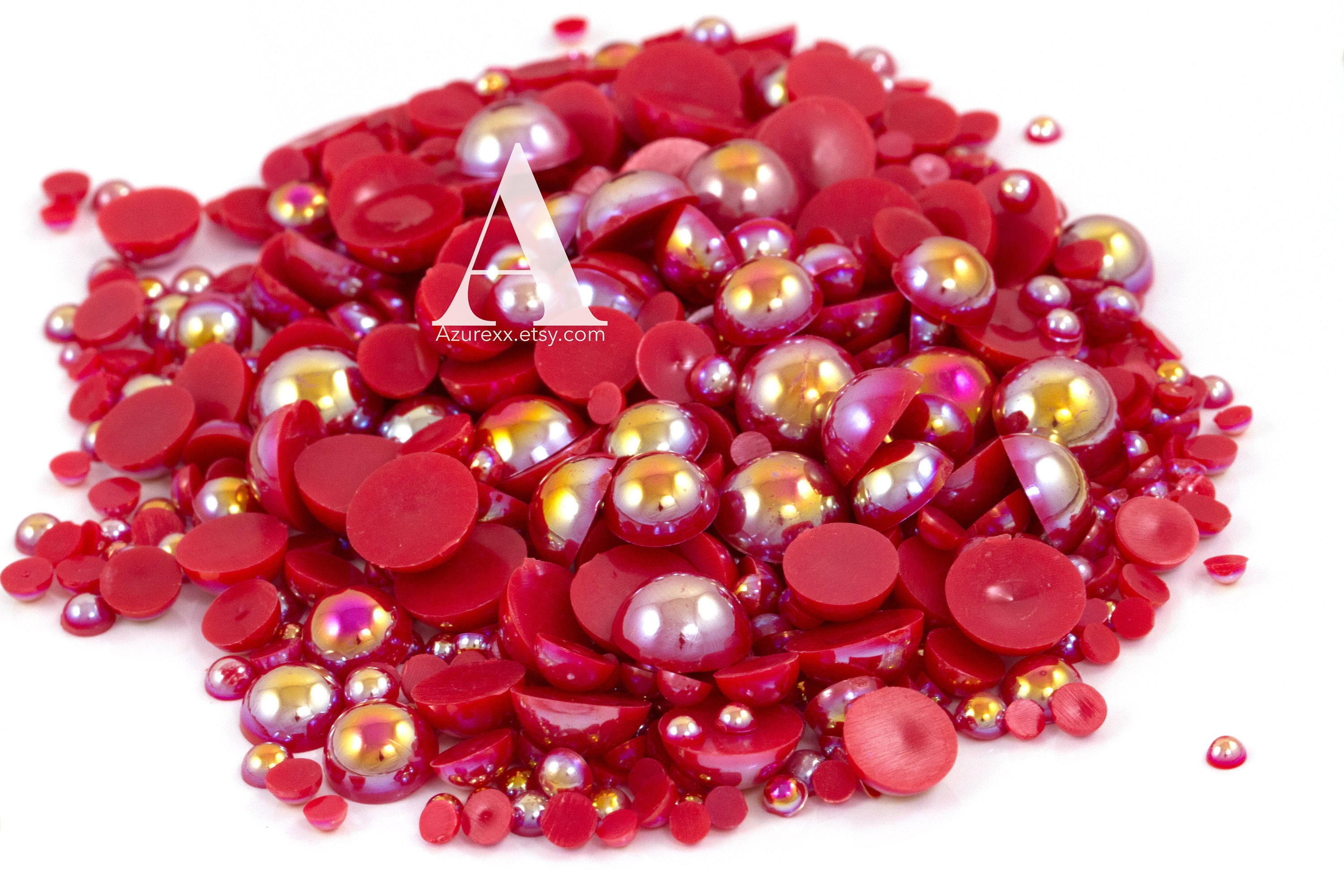 30 GRAMS RED Flatback Pearls and Assorted Flatback Resin