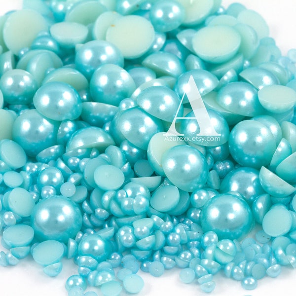 Aquamarine Flatback Half Round Pearls for Embellishments Mixed Sizes 3-10mm 850 Pieces