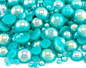 Seaweed Blue AB Flatback Half Round Pearls for Embellishments Mixed Sizes 3-10mm 850 Pieces
