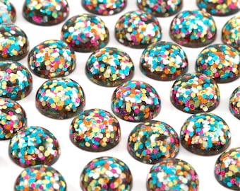 Rainbow Confetti Glitter 12mm Domed Flatback Cabochon for Embellishments.. Confetti Cabochon..