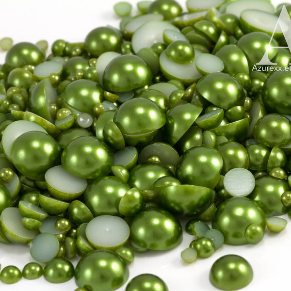 Olive Green Flatback Half Round Pearls for Embellishments Mixed Sizes 3-10mm 850 Pieces