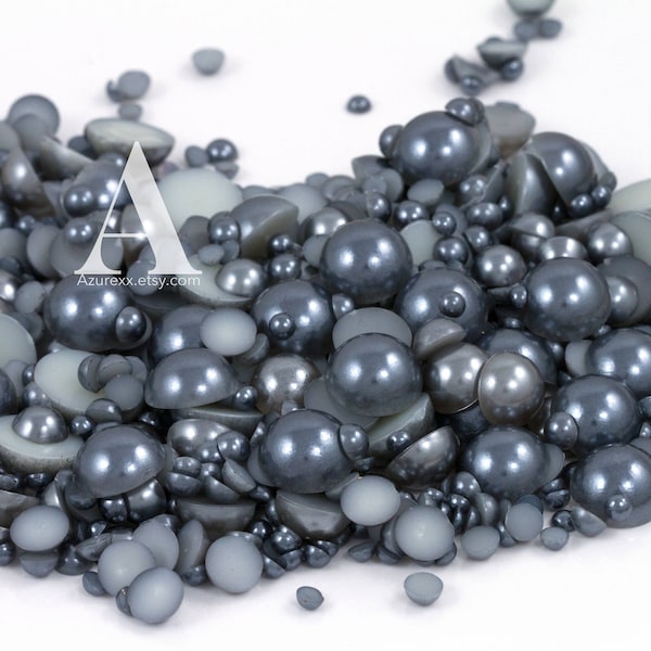 Dark Silver Gray Flatback Half Round Pearls for Embellishments Mixed Sizes 3-10mm 850 Pieces