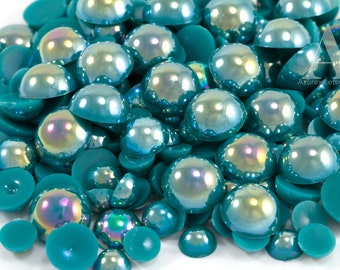 Blue Green AB Flatback Half Round Pearls for Embellishments Mixed Sizes 3-10mm 850 Pieces