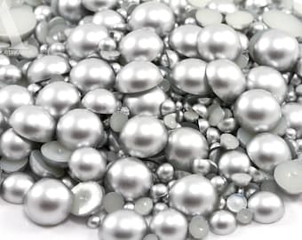 Matte Silver Flatback Half Round Pearls for Embellishments Mixed Sizes 3-10mm 850 Pieces