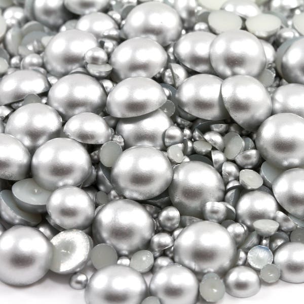 Matte Silver Flatback Half Round Pearls for Embellishments Mixed Sizes 3-10mm 850 Pieces