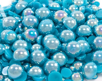 Marine Blue AB Flatback Half Round Pearls for Embellishments Mixed Sizes 3-10mm 850 Pieces