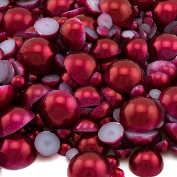 Burgundy Red Flatback Half Round Pearls for Embellishments Mixed Sizes 3-10mm 850 Pieces