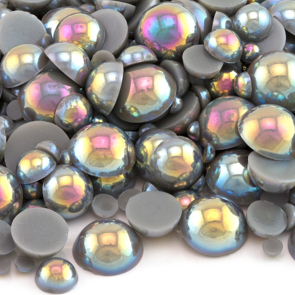 Dark Silver Gray AB Flatback Half Round Pearls for Embellishments Mixed Sizes 3-10mm 850 Pieces