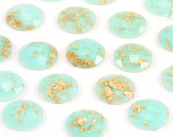 Light Mint Blue Gold Leaf Faceted Flatback Cabochon 12mm