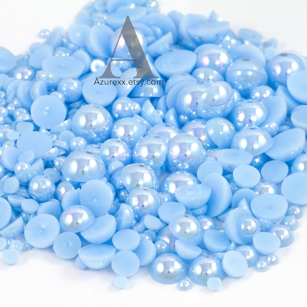 Baby Blue AB Flatback Half Round Pearls for Embellishments Mixed Sizes 3-10mm 850 Pieces