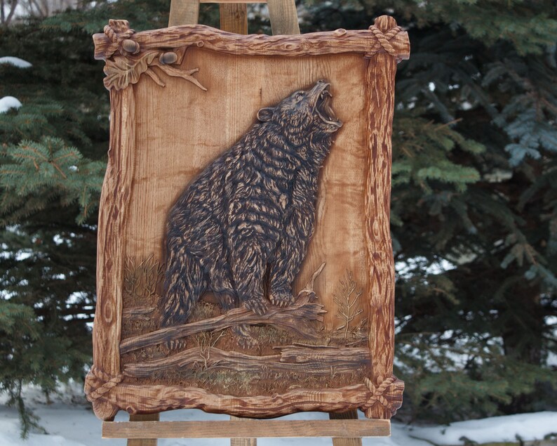 Carved Bear Wall Art Wood Carving Grizzly Bear Artwork Black Etsy