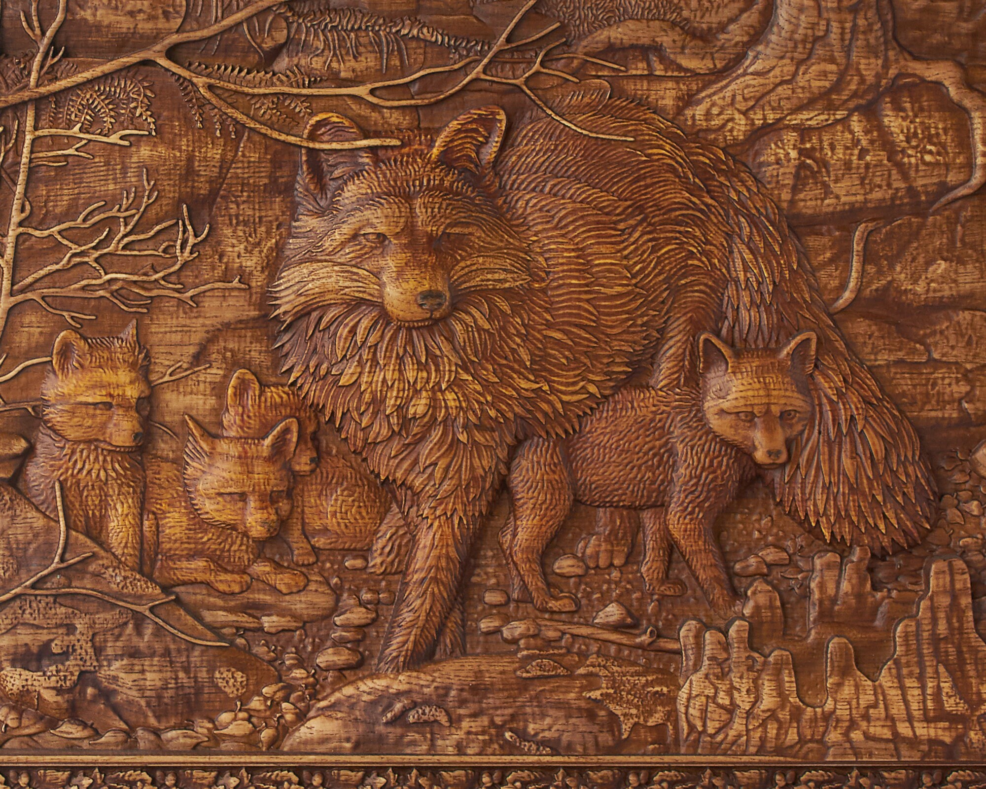Carved Fox Wall Art Wood Carving Fox with Cubs Carved from Oak Etsy