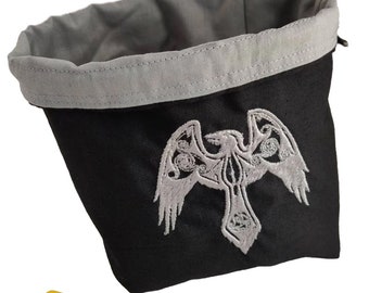 Embroidered Raven Dice Bag: Silver Crow Drawstring Pouch for D&D