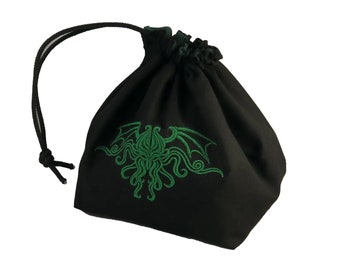 Cthulhu Dice Bag - Black and Green - HP Lovecraft Tile Pouch - Freestanding Cotton - Bag of Holding - Drawstring - Handmade - Table Top Bag