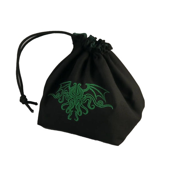 Cthulhu Dice Bag - Black and Green - HP Lovecraft Tile Pouch - Freestanding Cotton - Bag of Holding - Drawstring - Handmade - Table Top Bag