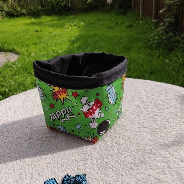 Freestanding Square Dice Bag - Comic Book - Green - Pop Art - Tile Pouch - Cotton - Reversible - Handmade Gifts for Gamers - Drawstring Bag