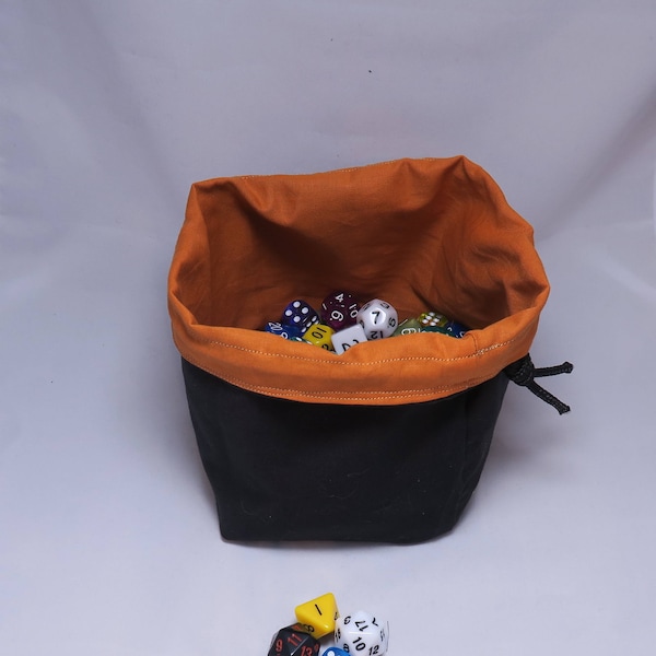 Orange Dice Bag - Black Tile Pouch - Counter Bag - Square Freestanding Cotton - Reversible - Cord Drawstring - Handmade - RPG - D&D Die Bag