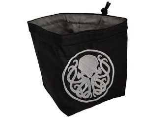 Cthulhu Dice Bag - Silver Tile Pouch - Cotton - Freestanding - Reversible - Cord Drawstring - Handmade RPG D&D Die Holder - Gift for Gamers