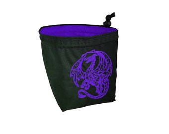 Dragon Dice Bag - Purple D&D Dice Bag - Meeple Bag - Tile Pouch - Freestanding Cotton Bag of Holding - Drawstring - Handmade - TableTop Bag