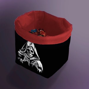 Grim Reaper Dice Bag, Death Skeleton Tile Pouch, Bag of Holding Treasure Nest Board Game bag, Freestanding Cloth Bag, Drawstring Storage Bag