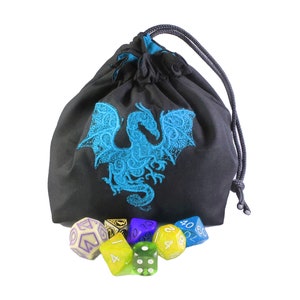 Frost Dragon Dice Bag, Blue Dragon Embroidered Bag for D&D, Tabletop Gaming Gift Bag, Board Game Token Draw Bag, Square Base Drawstring Bag