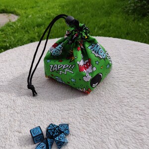 Freestanding Square Dice Bag Comic Book Green Pop Art Tile Pouch Cotton Reversible Handmade Gifts for Gamers Drawstring Bag image 3