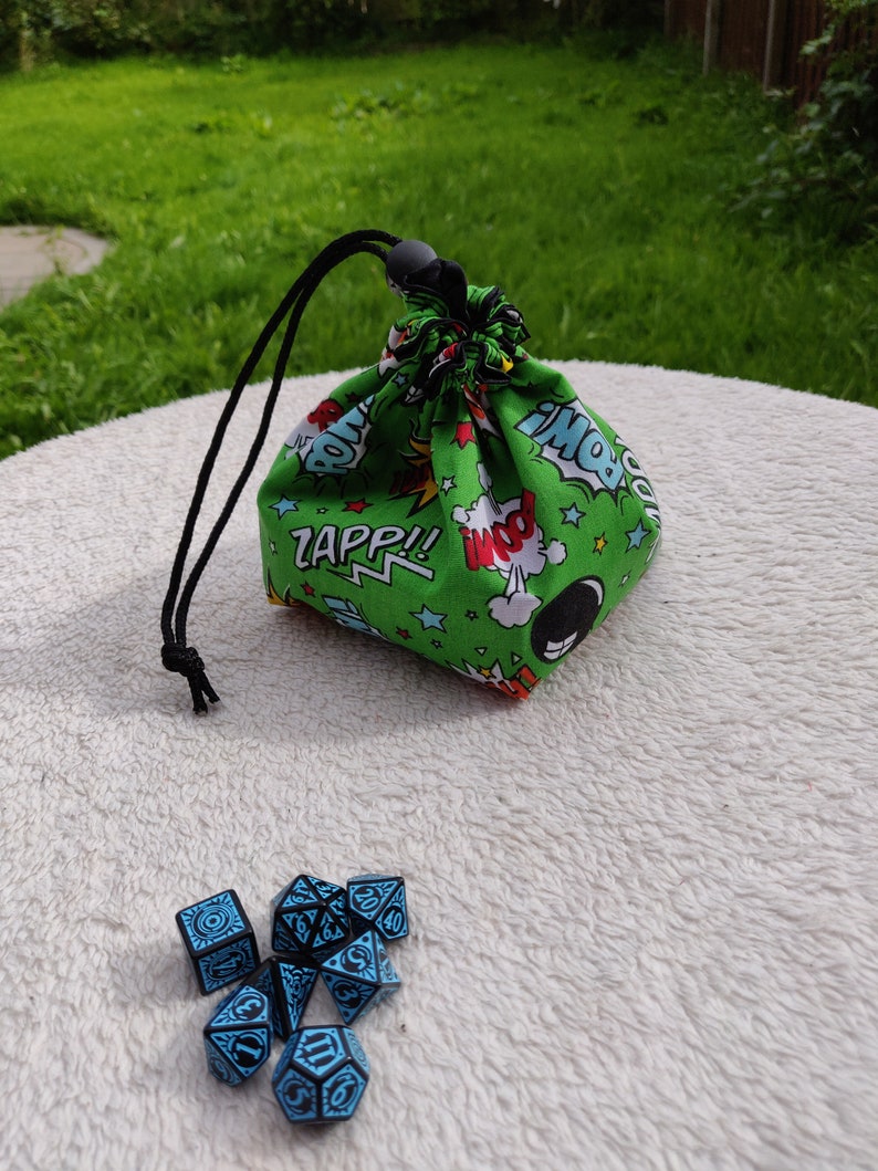 Freestanding Square Dice Bag Comic Book Green Pop Art Tile Pouch Cotton Reversible Handmade Gifts for Gamers Drawstring Bag image 3