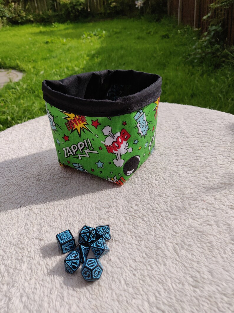 Freestanding Square Dice Bag Comic Book Green Pop Art Tile Pouch Cotton Reversible Handmade Gifts for Gamers Drawstring Bag image 1
