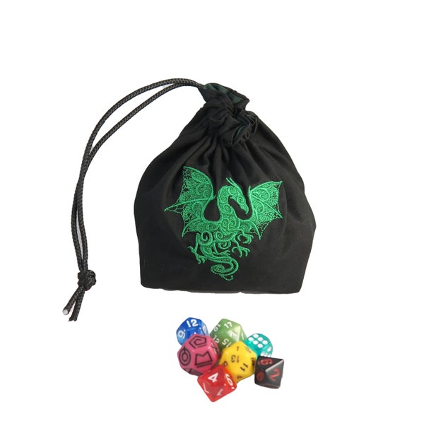 D&D Dragon Dice Bag - Black and Green - Meeple Bag - Tile Pouch - Freestanding Cotton - Bag of Holding - Drawstring - Handmade Table Top Bag