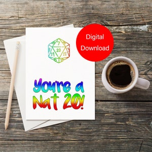 Cartão de felicitações DnD para download instantâneo, você é um Nat 20 Print at Home Valentines Thank You Birthday Card para jogadores de D&D, jogos de tabuleiro de mesa