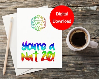 Nat 20 DnD Greeting Card: Gamer Birthday, Valentines, Thank You (PDF)
