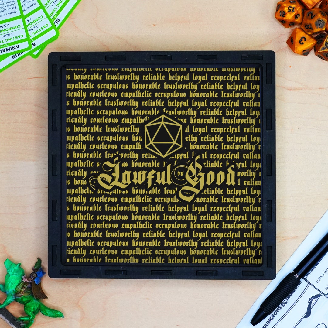 D&D Character Alignment Lawful Good Dice Tray, Black Wooden Dnd