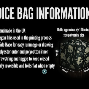 May include: Black dice bag with a skull and crossbones pattern. It is 6 inches tall and 4 inches wide. The bag is made of polyester and polycotton and has a drawstring closure. It can hold up to 125 dice.
