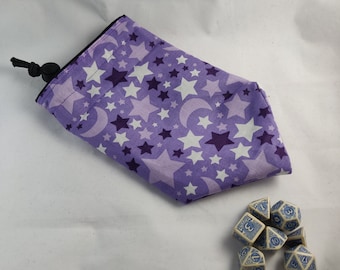 Patterned D&D Dice Bag, Purple Stars Dice Bag, Reversible Drawstring, Bag of Holding, Board Game Gift, Tabletop Gaming Gift, Treasure Nest