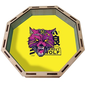 Cyber Wolf Dice Tray, Cyberpunk Inspired Gaming Tray, Large Wooden Dice Tray, Tabletop Rolling Tray for dice games, Round Dice Tray for D&D