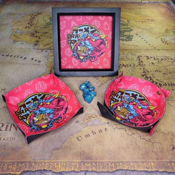 Ramen Dragon Dice Tray, Wooden Dice Tray, Collapsible Neoprene Folding Dice Tray, Sewn Dice Bowl, Rolling tray for D&D Tabletop Gaming Gift
